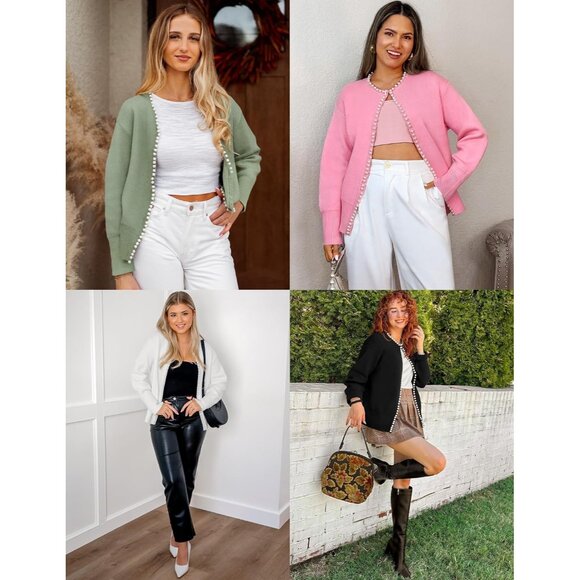 Women's Knit Cardigan Sweater Open Front Pearl Trim Long Sleeve Casual - Picture 5 of 8